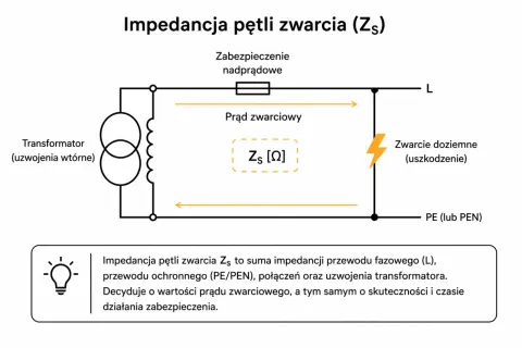 Schemat przedstawia pomiar impedancji pętli zwarcia (Zs). Pokazuje drogę prądu zwarciowego od transformatora do punktu uszkodzenia i z powrotem.