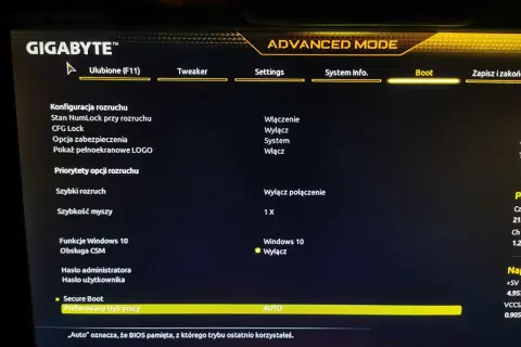 Zaawansowany tryb BIOS GIGABYTE z opcjami rozruchu i Secure Boot.