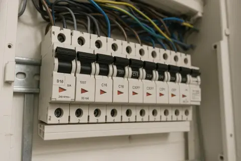 Panel z bezpiecznikami, w tym B16. Dowiedz się, jak podłączyć bezpiecznik B16, aby zapewnić bezpieczeństwo instalacji elektrycznej.
