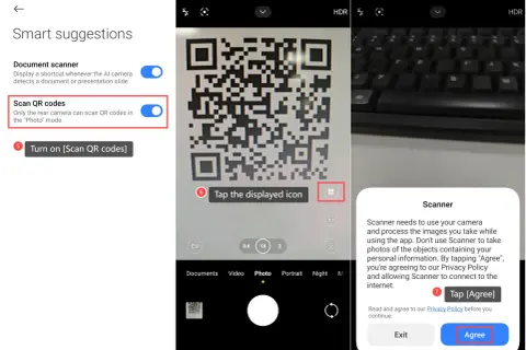 Ustawienia telefonu: włącz skanowanie kodów QR. Widok aparatu z kodem QR i klawiaturą.