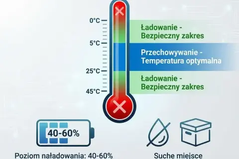 Termometr pokazuje optymalną temperaturę do przechowywania i ładowania akumulatora. Poziom naładowania 40-60% i suche miejsce zapewniają jego żywotność.