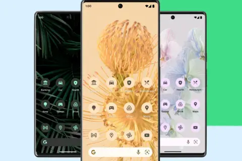 Trzy telefony z systemem android 13 prezentują nowe ikony aplikacji i tapety z motywami roślinnymi.