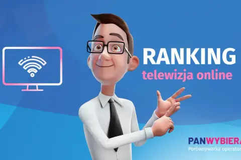 Wesoły mężczyzna prezentuje ranking telewizji internetowej. Ikona telewizora z sygnałem Wi-Fi.