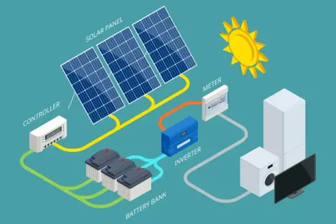 Schemat instalacji fotowoltaicznej: panele, kontroler, bank baterii, falownik, licznik i urządzenia domowe. Energia słoneczna, gdzie każdy **kulomb** ładunku ma znaczenie.