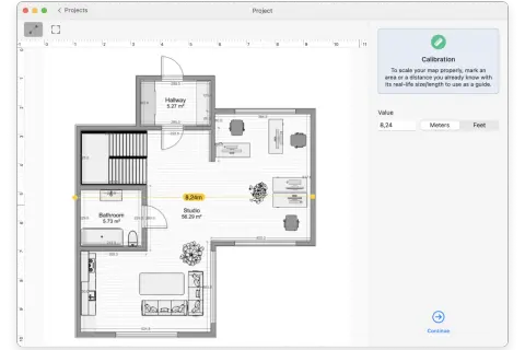 Plan mieszkania z zaznaczoną odległością 8,24m, widoczne łazienka, studio i przedpokój. Kalibracja mapy w programie.