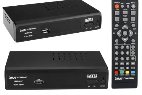 Dwa dekodery DVB-T2 MAT-820T z obsługą HEVC i pilot.