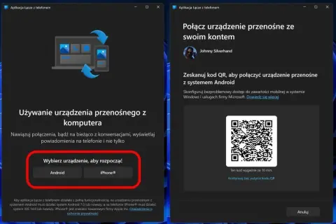 Łącze z telefonem: wybierz Android lub iPhone, by połączyć urządzenie z komputerem i synchronizować dane.