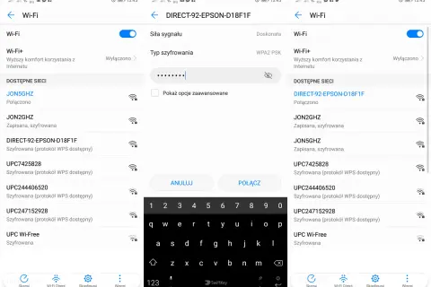 Ekran telefonu z listą sieci Wi-Fi i klawiaturą. Możliwe drukowanie z telefonu po połączeniu z siecią.