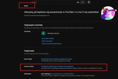 Ustawienia konta YouTube, gdzie można zarządzać profilem i ustawieniami rodzinnymi, co jest pomocne, jak zablokować YouTube na telewizorze.