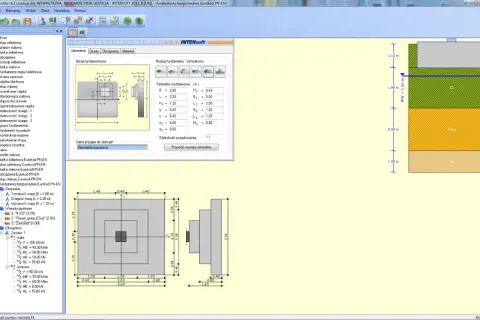 Program do projektowania fundamentów. Widok 3D i przekroje fundamentu, parametry techniczne i warunki gruntowe.