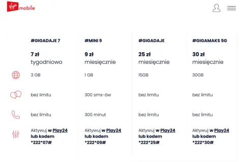 Oferta Virgin Mobile: pakiety #GIGADAJE 7, #MINI 9, #GIGADAJE, #GIGAMAKS 5G z kodami aktywacji, np. *222*07# dla #GIGADAJE 7.