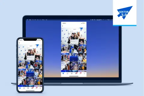 Klonowanie ekranu pokazuje aplikację Instagram na iPhonie i laptopie, prezentując zdjęcia z wydarzenia Sektor 3.0.