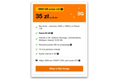 Orange free na kartę: 9900 GB na rok, 35 zł/30 dni, pakiet 50 GB, szybki internet 5G.