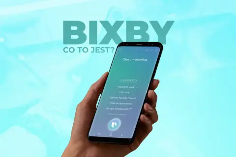 Bixby po polsku: asystent głosowy na ekranie telefonu. "Okay, I'm listening" i przykładowe komendy.