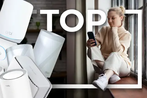 Dowiedz się, wifi mesh co to jest. Zobacz nowoczesne routery i kobietę korzystającą z telefonu.