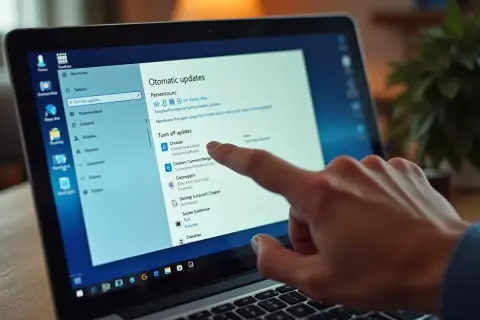 Palec dotyka ekranu laptopa, pokazując opcje "Turn off updates" w ustawieniach Windows. Dowiedz się, jak wyłączyć aktualizacje Windows 10.
