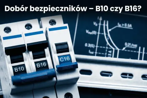 Jaki bezpiecznik do gniazdek? Na zdjęciu widać wyłączniki nadprądowe B10, B16 i C16, obok schematu elektrycznego.