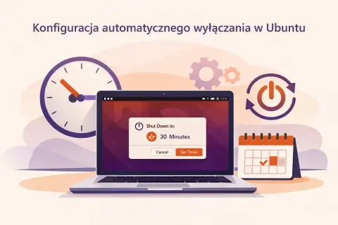 Konfiguracja automatycznego wyłączania komputera w Ubuntu. Na ekranie laptopa okno "Shut Down in: 30 Minutes". Obok zegar i kalendarz.