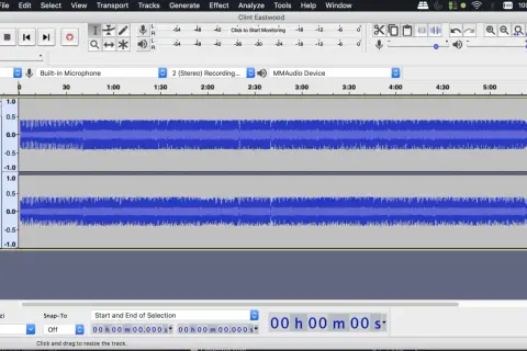 Nagrywanie dźwięku z komputera w programie Audacity. Widoczne dwie ścieżki audio z falami dźwiękowymi.