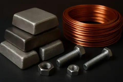 Sztabki aluminium, miedziany drut i śruby. Czy aluminium przewodzi prąd? Tak, jak miedź.