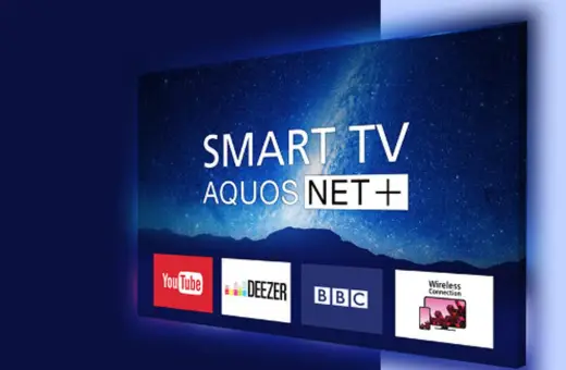 Telewizor marki japońskich telewizorów z ekranem Smart TV, wyświetlający gwiazdy i aplikacje: YouTube, Deezer, BBC, Wireless Connection.