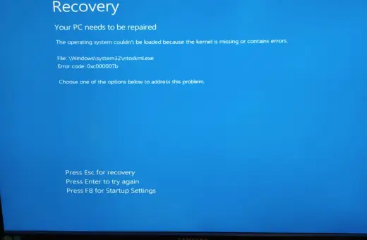 Ekran Recovery: Aplikacja nie została właściwie uruchomiona 0xc000007b. Błąd jądra systemu Windows.