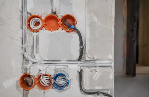 Rozpoczynająca się instalacja elektryczna w domu: widoczne puszki instalacyjne z przewodami, rurki ochronne i kable.