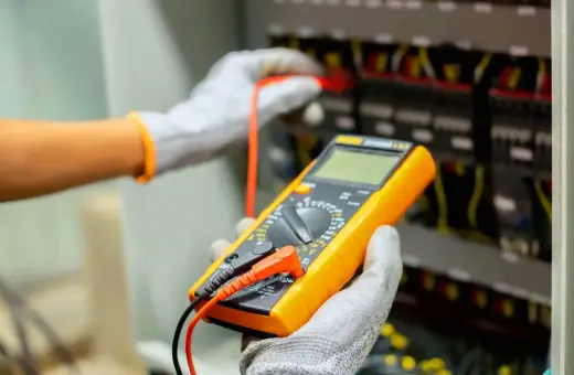 Elektryk sprawdza instalację, by ustalić, ile kosztuje przegląd instalacji elektrycznej. Używa multimetru do pomiarów.