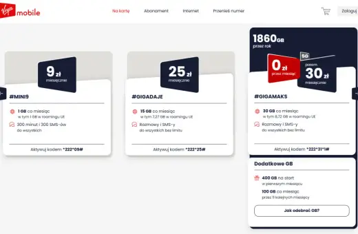 Oferty Virgin Mobile: najtańszy internet na kartę. Pakiet #MINI9 za 9 zł/miesiąc, #GIGADAJE za 25 zł/miesiąc, #GIGAMAKS za 0 zł przez miesiąc, potem 30 zł.