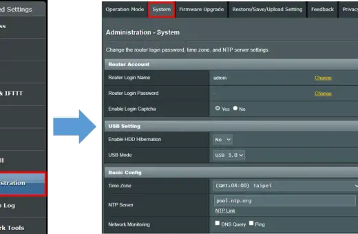 Panel administracyjny routera, zakładka "System". Tu zmienisz hasło, by zalogować się do routera, strefę czasową i serwer NTP.