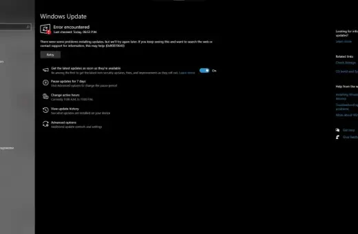 Błąd 0x80070643 podczas aktualizacji systemu Windows. Widok okna z komunikatem o błędzie i opcjami ponowienia próby.