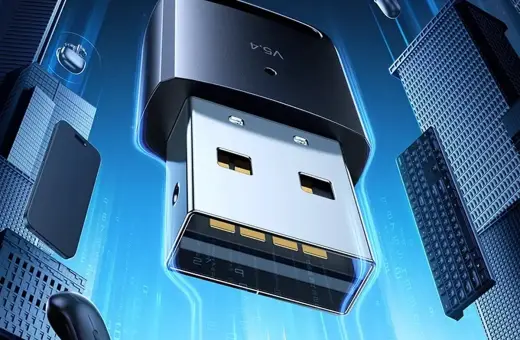 Nowoczesny adapter USB 2.0 A 3.0 z technologią V5.4, otoczony futurystycznymi budynkami i urządzeniami.