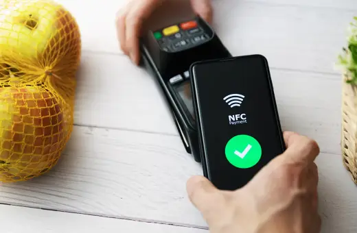 Szybkie zakupy jabłek dzięki płatnościom bezdotykowym NFC. Telefon zbliżony do terminala, zielony znaczek potwierdza transakcję.