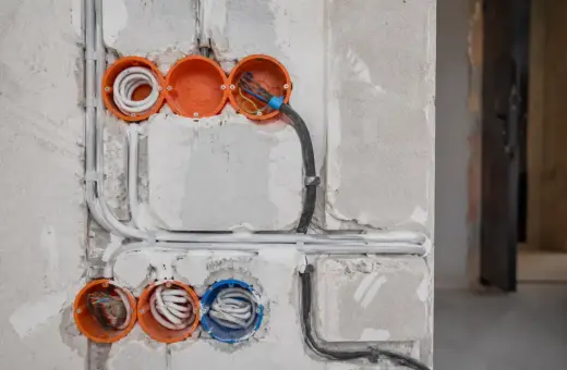 Rozpoczynająca się instalacja elektryczna w domu: widoczne puszki instalacyjne z przewodami, rurki ochronne i kable.