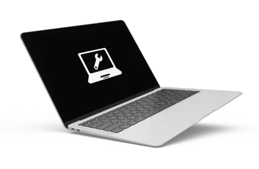 Laptop z ikoną klucza francuskiego na ekranie, symbolizującą diagnozę laptopa i serwis.