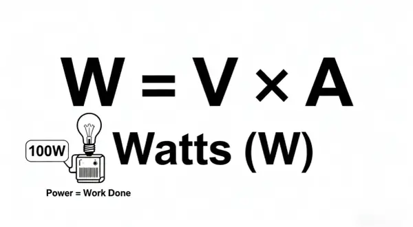 W = V x A. Jednostka mocy to waty (W). Obrazek pokazuje żarówkę 100W.