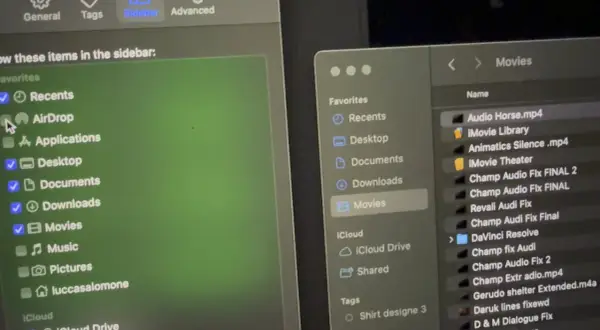Widok okna Findera z zaznaczonym AirDrop w menu bocznym. Obok okno z plikami w folderze "Movies".