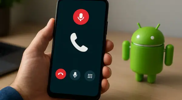 Dłoń trzyma smartfon z ekranem rozmowy przychodzącej. Obok stoi zielona figurka Androida, sugerująca nagrywanie rozmów na tym systemie.