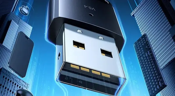 Nowoczesny adapter USB 2.0 A 3.0 z technologią V5.4, otoczony futurystycznymi budynkami i urządzeniami.