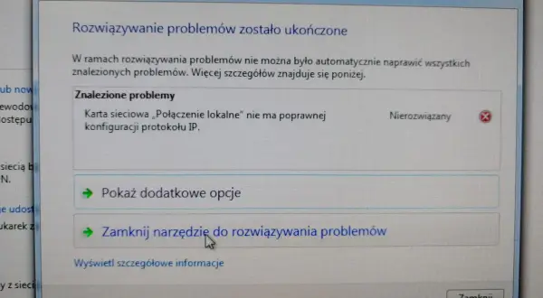 Karta sieciowa Ethernet nie ma poprawnej konfiguracji protokołu IP. Narzędzie diagnostyczne systemu Windows wykryło problem.
