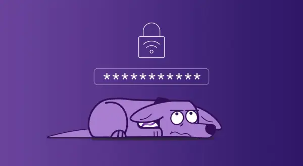 Smutny piesek próbuje zapamiętać klucz zabezpieczeń sieciowych. Widoczny symbol kłódki z sygnałem Wi-Fi i pole z gwiazdkami.