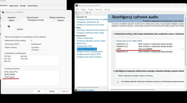 Ustawienia dźwięku w panelu sterowania NVIDIA pokazują monitor Samsung QBQ90S jako urządzenie audio.