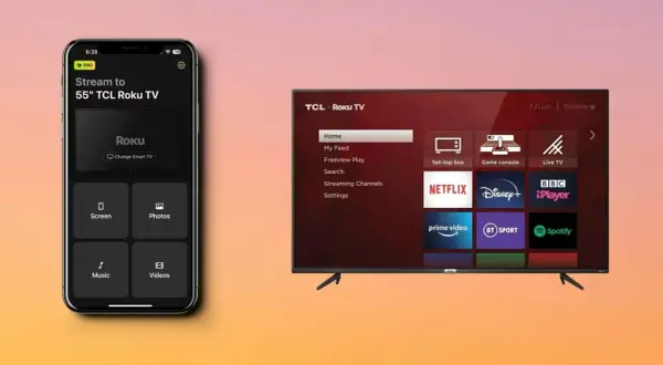 Aplikacja na iPhone pokazuje, jak udostępnić ekran z iPhone na TV TCL Roku. Widzimy opcje Screen, Photos, Music, Videos.