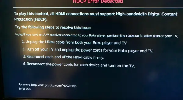 Komunikat błędu HDCP na ekranie telewizora z instrukcjami rozwiązywania problemu.