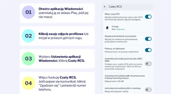 Instrukcja jak włączyć czat RCS na Androidzie: otwórz Wiadomości, kliknij profil, wybierz Ustawienia, a następnie Czaty RCS. Włącz funkcję i potwierdź numer.