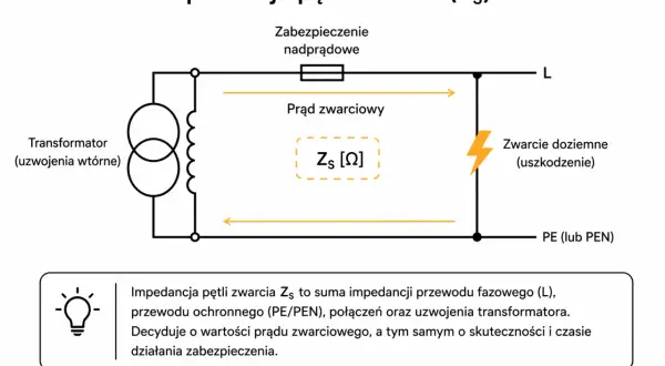 Schemat przedstawia pomiar impedancji pętli zwarcia (Zs). Pokazuje drogę prądu zwarciowego od transformatora do punktu uszkodzenia i z powrotem.