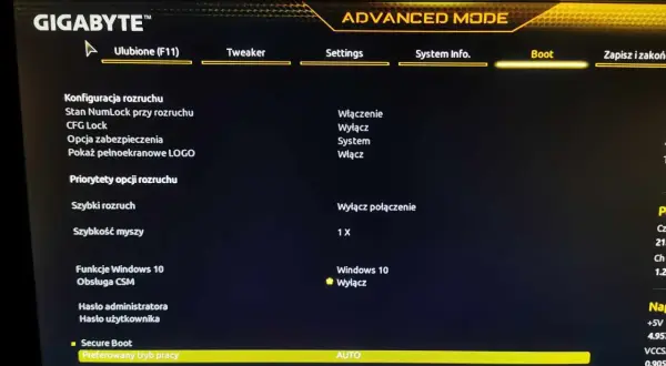 Zaawansowany tryb BIOS GIGABYTE z opcjami rozruchu i Secure Boot.