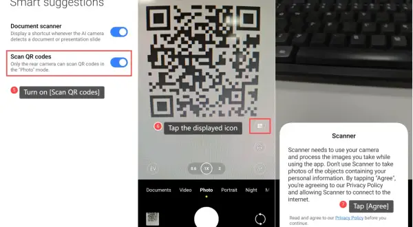 Ustawienia telefonu: włącz skanowanie kodów QR. Widok aparatu z kodem QR i klawiaturą.