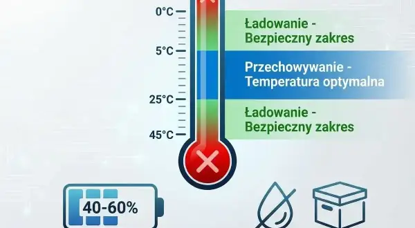 Termometr pokazuje optymalną temperaturę do przechowywania i ładowania akumulatora. Poziom naładowania 40-60% i suche miejsce zapewniają jego żywotność.