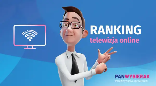 Wesoły mężczyzna prezentuje ranking telewizji internetowej. Ikona telewizora z sygnałem Wi-Fi.